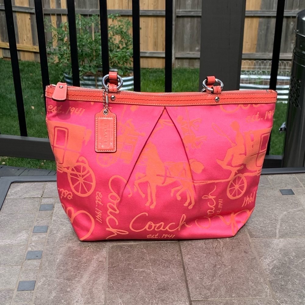 Coach Sateen Pink and Orange Carriage Horse Shoulder Tote
